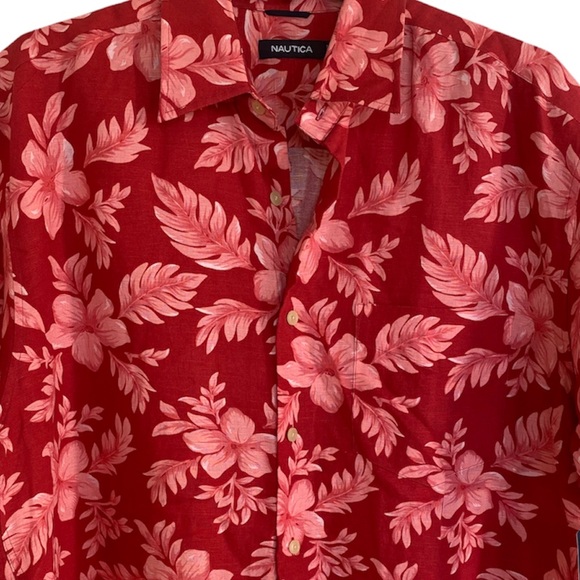 Tropical Linen Hawaiian Shirt Island Hibiscus Luau Print Pattern Nautica Large - Picture 14 of 16